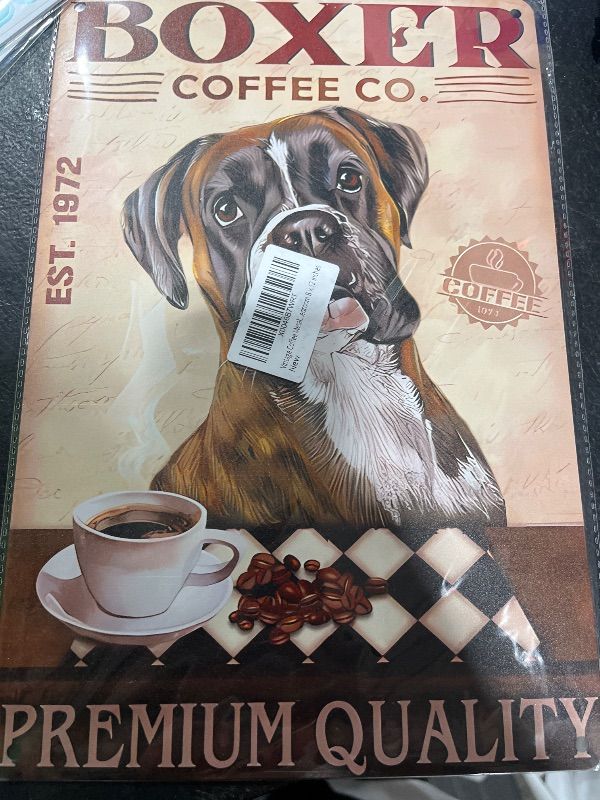 Photo 1 of Vintage Coffee Metal Sign - Premium Quality Coffee Boxer Dog Poster Metal Signs Wall Art Decor for Home Office and Farmhouse Cottage Decorations for Living Room Bedroom 8 x 12 inches