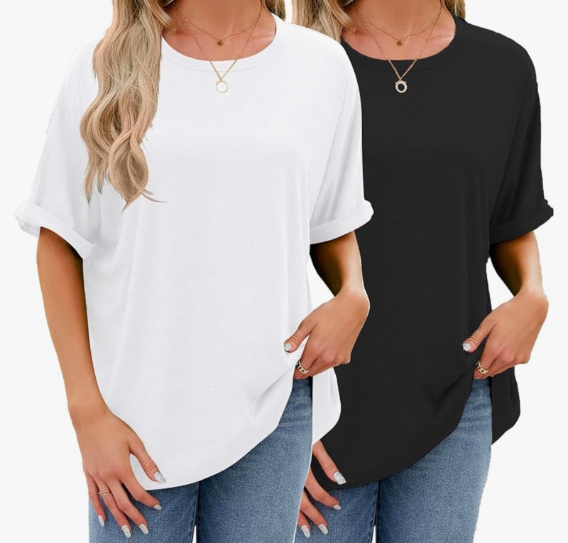 Photo 1 of 2 Pack Women's Oversized T Shirts 100% Cotton Short Sleeve Crewneck Summer Tops Casual Loose Basic Tee Shirts S