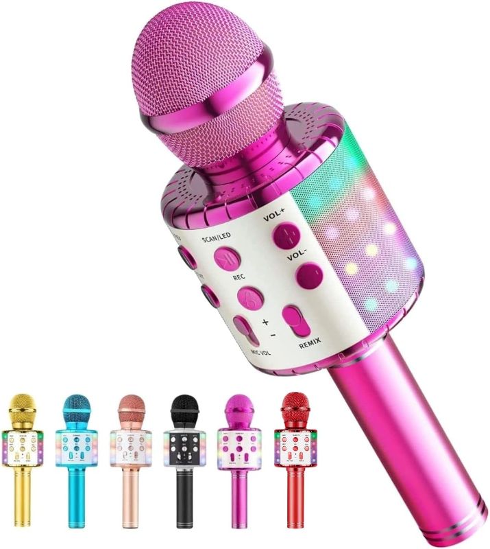 Photo 1 of Microphone Wireless Bluetooth Karaoke Microphone for Kids,Singing Microphone with LED Lights Karaoke Machine Portable Mic Player Recorder Party Birthday Toys for 4-14 Year Old Girls Boys(Rose Red)
