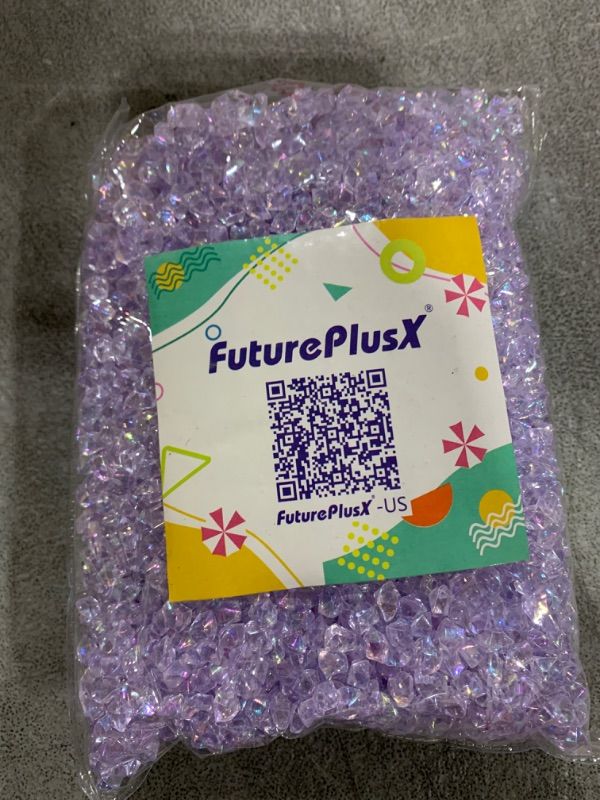 Photo 2 of FUTUREPLUSX 5000PCS Purple Fake Ice Rocks(0.28 * 0.2 Inches), 1LB Iridescent Artificial Crushed Ice Dazzling Acrylic Crystal Rocks Diamonds for Home Table Decorations Vase Fillers