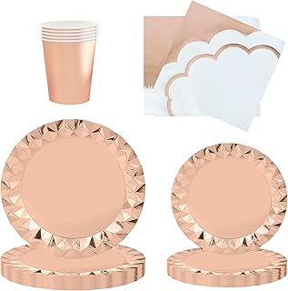 Photo 1 of Rose Gold Party Supplies Decorations, Holographic Rose Gold Paper Plates and Napkins Set, Disposable Iridescent Paper Plates Cups for Unicorn Mermaid Birthday Wedding Party, Serve 24