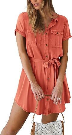 Photo 1 of PRETTYGARDEN Women's Casual Summer Button Down Shirt Dress CollaOrange Red V Neck Short Sleeve Belted Pocket Dresses (Orange Red,XX-Large)