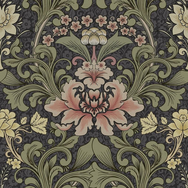 Photo 1 of TANONE William Morris Wallpaper Peel and Stick Floral for Wall Decor, Self Adhesive Removable Vintage Wallpaper for Bathroom, 17.7in x 19.68ft, Dark Green/Peach