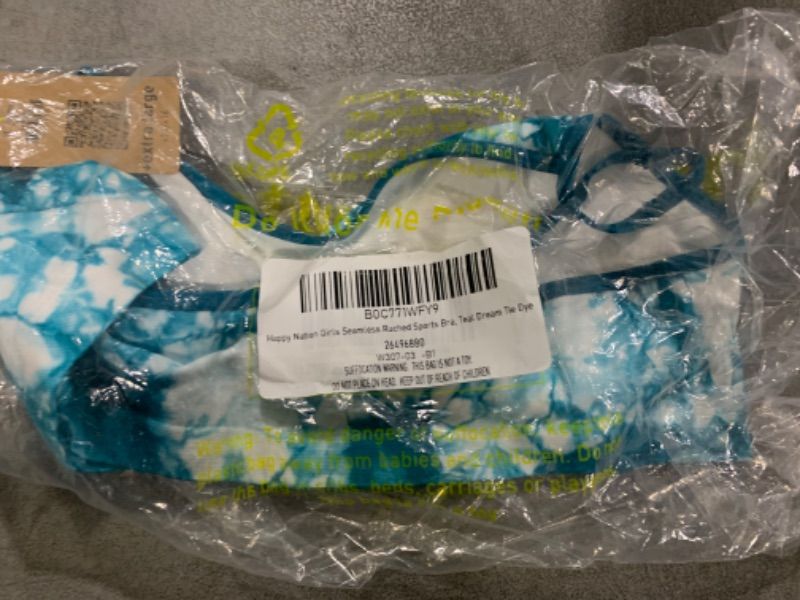 Photo 2 of Happy Nation Girls Seamless Ruched Sports Bra, Teal Dream Tie Dye EXTRA LARGE 