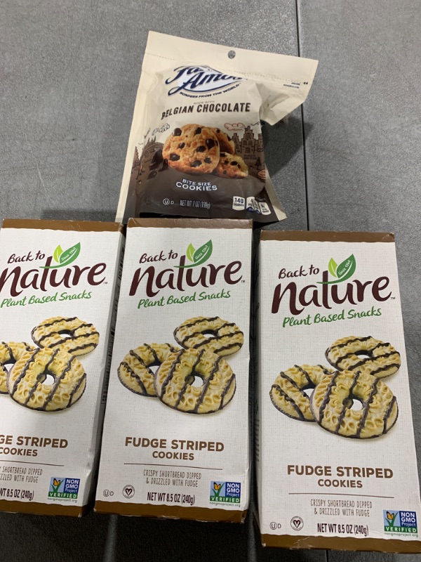 Photo 1 of Famous Amos, Belgian Chocolate, 7 Ounce AND 3 BOXES OF Back to Nature Fudge Striped Shortbread Cookies - Non-GMO, Made with Wheat Flour, Delicious & Quality Snacks, 8.5 Ounce NOV 2024-JULY 2025
