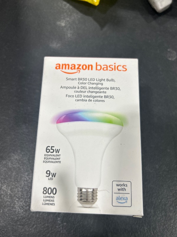 Photo 2 of Amazon Basics Smart BR30 LED Light Bulb, Color Changing, 60W Equivalent, 800LM, Works with Alexa Only, 2.4 GHz Wi-Fi, No Hub Required, 1-Pack