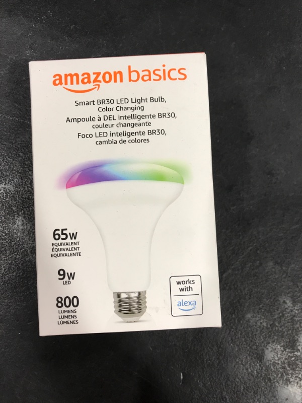 Photo 2 of Amazon Basics Smart BR30 LED Light Bulb, Color Changing, 60W Equivalent, 800LM, Works with Alexa Only, 2.4 GHz Wi-Fi, No Hub Required, 1-Pack