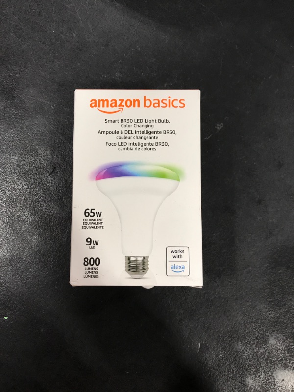 Photo 2 of Amazon Basics Smart BR30 LED Light Bulb, Color Changing, 60W Equivalent, 800LM, Works with Alexa Only, 2.4 GHz Wi-Fi, No Hub Required, 1-Pack