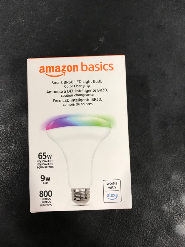 Photo 2 of Amazon Basics Smart BR30 LED Light Bulb, Color Changing, 60W Equivalent, 800LM, Works with Alexa Only, 2.4 GHz Wi-Fi, No Hub Required, 1-Pack