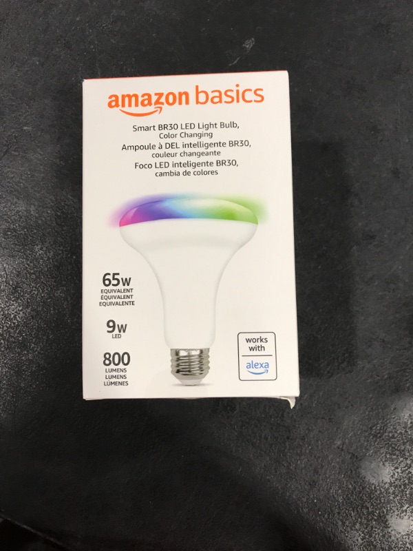 Photo 2 of Amazon Basics Smart BR30 LED Light Bulb, Color Changing, 60W Equivalent, 800LM, Works with Alexa Only, 2.4 GHz Wi-Fi, No Hub Required, 1-Pack