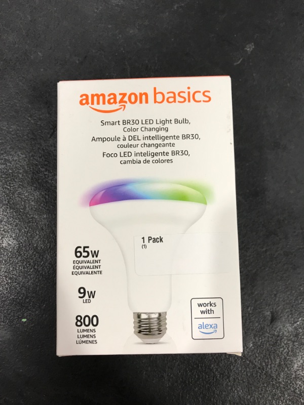 Photo 2 of Amazon Basics Smart BR30 LED Light Bulb, Color Changing, 60W Equivalent, 800LM, Works with Alexa Only, 2.4 GHz Wi-Fi, No Hub Required, 1-Pack