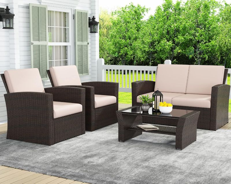 Photo 1 of *STOCK PHOTO FOR REFERENCE//PARTIAL SET MISSING OTHER BOX ** LayinSun 4 Piece Outdoor Patio Furniture Sets, Wicker Conversation Sets, Rattan Sofa Chair with Cushion for Backyard Lawn Garden (Brown)