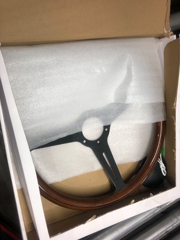 Photo 1 of 14'' 6-Bolt Wood Grain Racing Steering Wheel Vintage Nostalgic Style Car Steering Wheel with Horn Buttons - Frosted Spokes