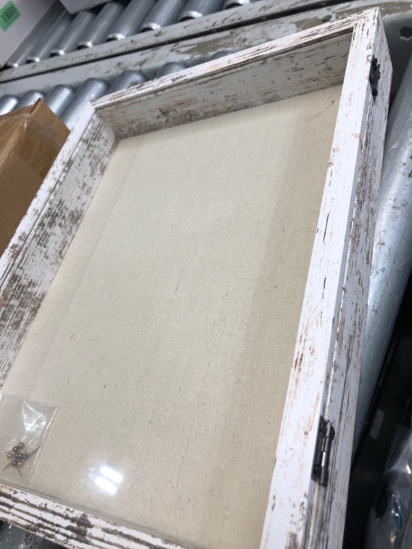 Photo 1 of (ONLY HAS ONE) 2 PACK 11x14 Shadow Box Frame with Linen Back - Sturdy Rustic Memory Display Case of Flower, Pictures, Medals and More, Distressed White