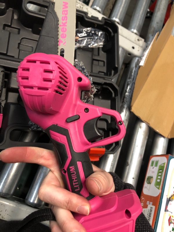 Photo 3 of 2024 Pink Mini Chainsaw Cordless 6 inch - Electric Handheld Chainsaw Battery Powered with Power Indicator - Rechargeable Mini Chain Saw Portable Small Chainsaw for Women, Yard Tools Gardening Gifts