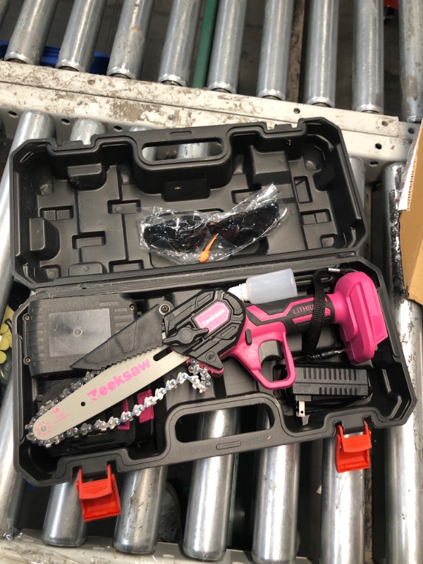 Photo 2 of (READ FULL POST) 2024 Pink Mini Chainsaw Cordless 6 inch - Electric Handheld Chainsaw Battery Powered with Power Indicator - Rechargeable Mini Chain Saw Portable Small Chainsaw for Women, Yard Tools Gardening Gifts