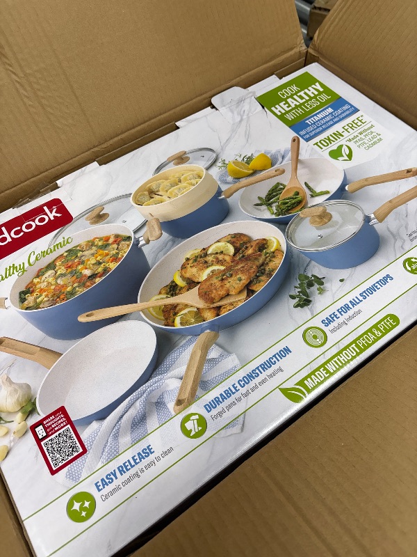 Photo 1 of GoodCook 12-Piece Healthy Ceramic Titanium-Infused Cookware Set, Light Blue – Pots, Pans, Steamer, Spoon & Turner – Induction Cookware, Kitchen Pots & Pans Set, Nonstick Cooking Pan Set