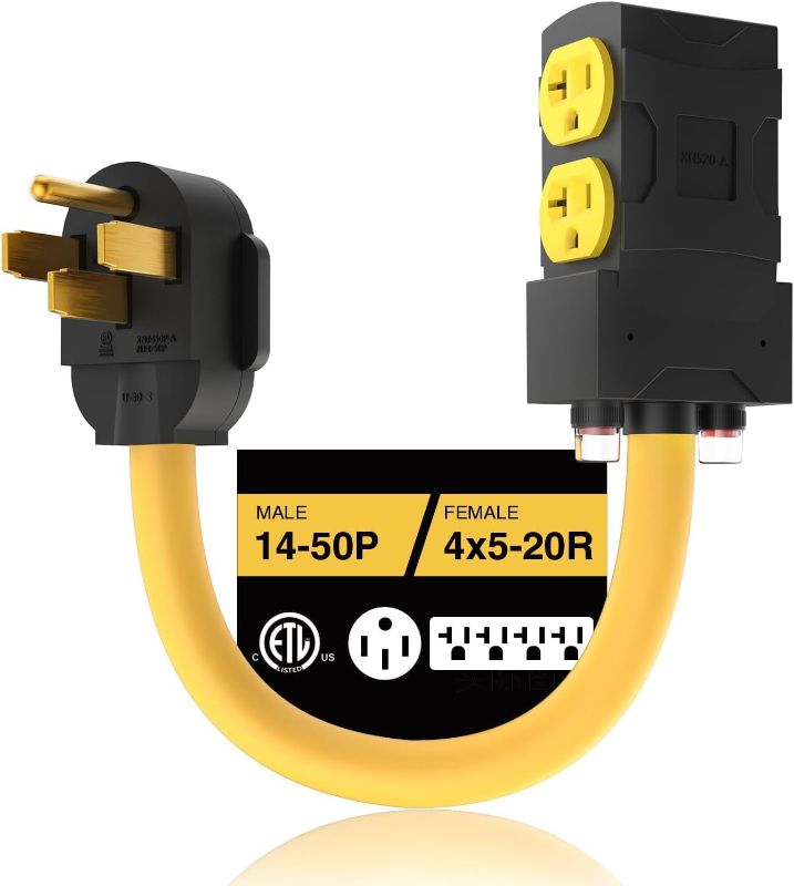 Photo 1 of [240V to 120V] 50 Amp to 20 Amp 110 Adapter with Circuit Breaker RV Generator Adapter Cord Distribution NEMA 14-50 Adapter to 4X 5-15R/5-20R T-Blade Multiple Use ETL Listed 1.5 FT Household Outlet