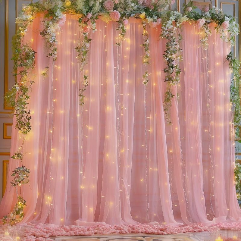 Photo 1 of 10x10ft Dusty Rose Tulle Backdrop Curtain with Lights String for Parites, Sheer Backdrop Curtains for Wedding Baby Shower Birthday Party Photo Shoot Decorations
