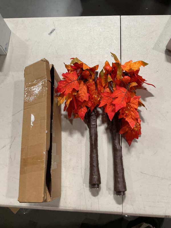 Photo 2 of 2 Pack Prelit Fall Maple Tree Thanksgiving Decorations with 48 LED Lights Battery Operated Timer Light Up Artificial Pumpkin Acorn Maple Tree for Fall Table Tree Harvest Thanksgiving Home Indoor Decor