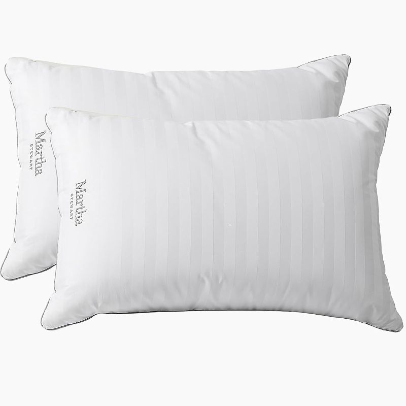 Photo 1 of *ONLY ONE* MARTHA STEWART Hotel Collection Medium Soft Feather Down Pillows 100% Cotton 500 Thread Count Damask Stripe Embroidered, King Size Set of 2, White 2
