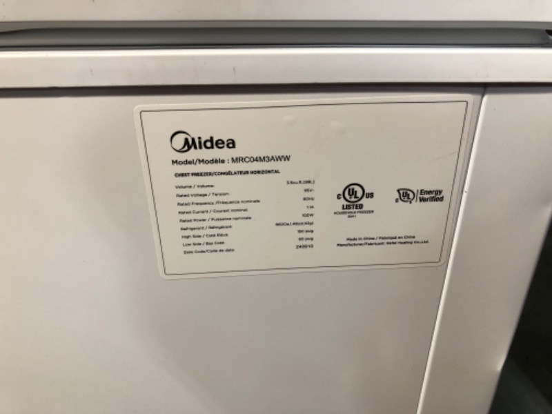 Photo 1 of ***USED - DAMAGED - UNTESTED - SEE COMMENTS***
Midea MRC04M3AWW, White 3.5 cu. ft. Mini Freezer, Cubic Feet, 19.49"D x 21.46"W x 33.46"H