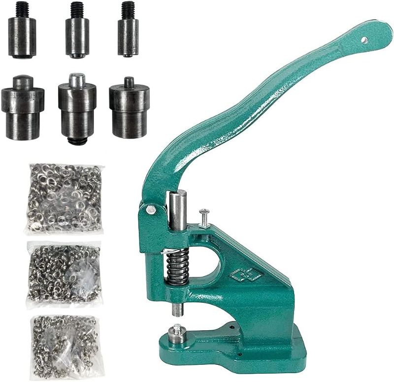 Photo 1 of 
QWORK - Hand Press Heavy Duty Eyelet Grommet Machine Punch Tool Kit with 3 Dies and 1500 Pcs Silver Grommets