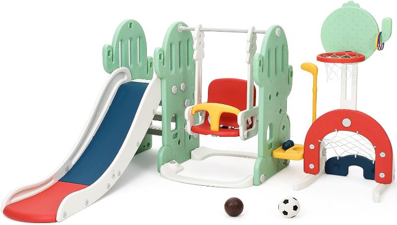 Photo 1 of * MISSING PARTS* 7 in 1 Toddler Slide and Swing Set, Kids Freestanding Slide Climber with Adjustable Swing and Basketball Hoop, Soccer Golf and Ring Toss Game, Indoor Outdoor Playset for Toddlers Age 1-3
