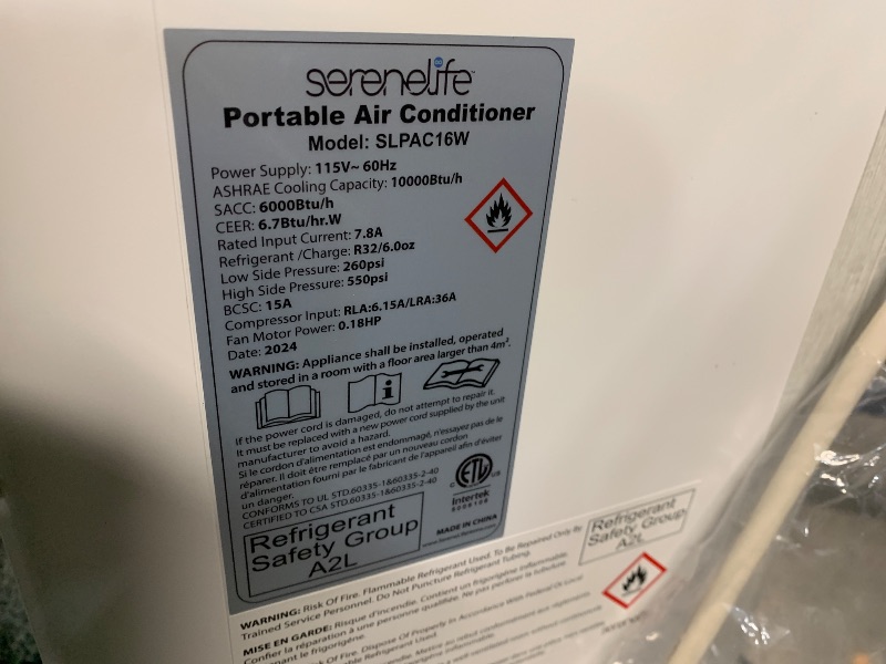 Photo 3 of ***POWERS ON TESTED ***SereneLife 10000 BTU Portable Air Conditioner - 3-in-1 Portable AC Unit for Bedroom Up to 300 Sq.Ft, 24H Timer, Remote Control, Sleep Mode, Wheels, with Window Mount Kit, White