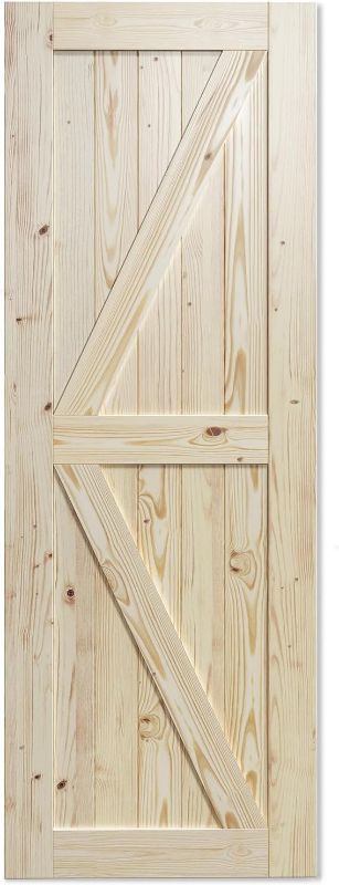 Photo 1 of * SEE NOTES* SmartStandard 32in x 84in Sliding Barn Wood Door Pre-Drilled Ready to Assemble, DIY Unfinished Solid Spruce Wood Panelled Slab, Interior Single Door Only, Natural, K-Frame (Fit 6FT Rail)
