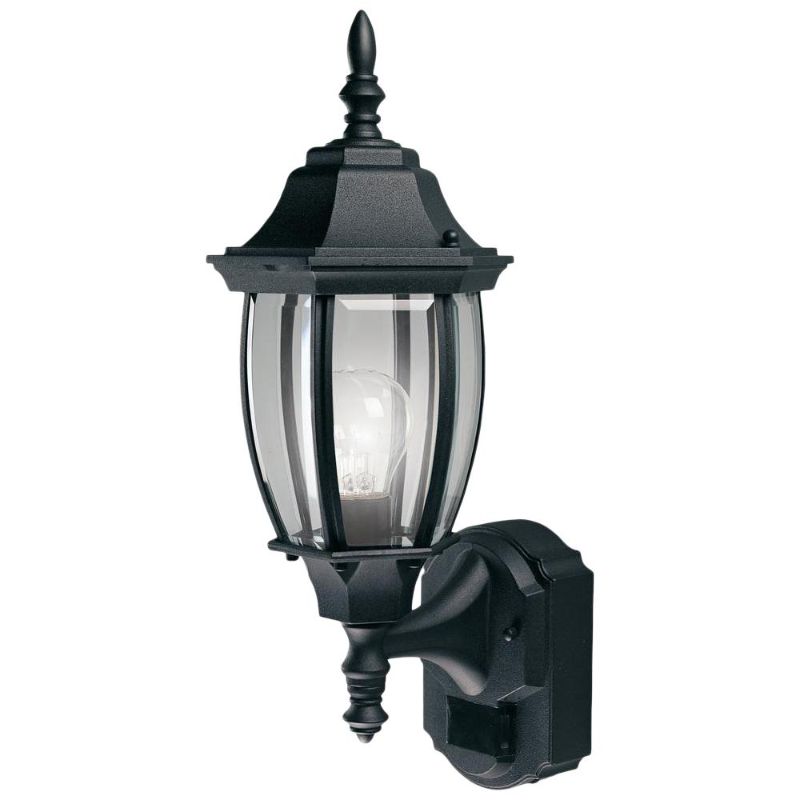 Photo 1 of Alexandria 17.3 in. Black 1-Light Farmhouse Motion Sensing Hardwired Outdoor Wall Light Lantern Sconce, No Bulb Included
