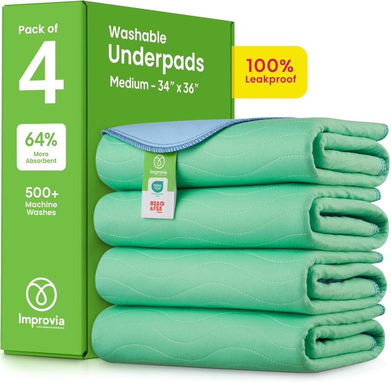 Photo 1 of 
IMPROVIA® Washable Underpads, 34" x 36" (Pack of 4) - Heavy Absorbency Reusable Bedwetting Incontinence Pads for Kids, Adults, Elderly, and Pets - Waterproof Protective Pad for Bed, Couch, Sofa, Floor