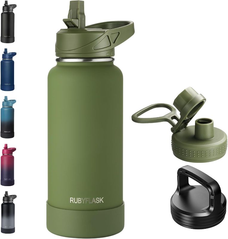 Photo 1 of 32oz Insulated Water Bottle with Straw, Stainless Steel Metal Vacuum Water Flask, Large Thermos Water bottle with Leakproof 3 Lids for Travel, Camping, Gym Sports Armygreen
