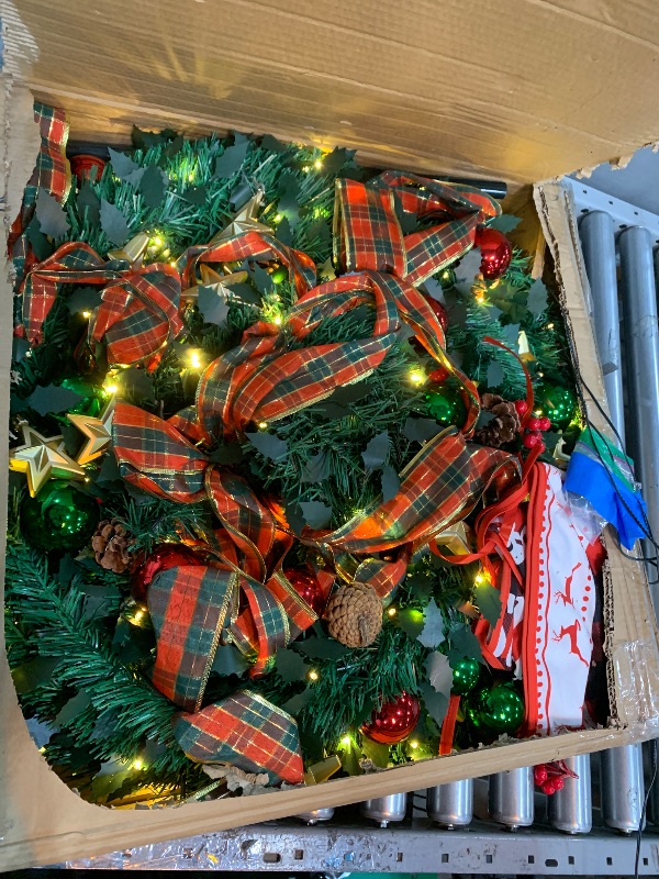 Photo 1 of 6Ft Pop up Christmas Tree with Remote Control, Pre Lit Christmas Tree with Lights, Ornaments, Ribbon, Flowers, Crocus, Pine Cone, Easy Assemble Collapsible Christmas Tree Decor for Outdoor Indoor