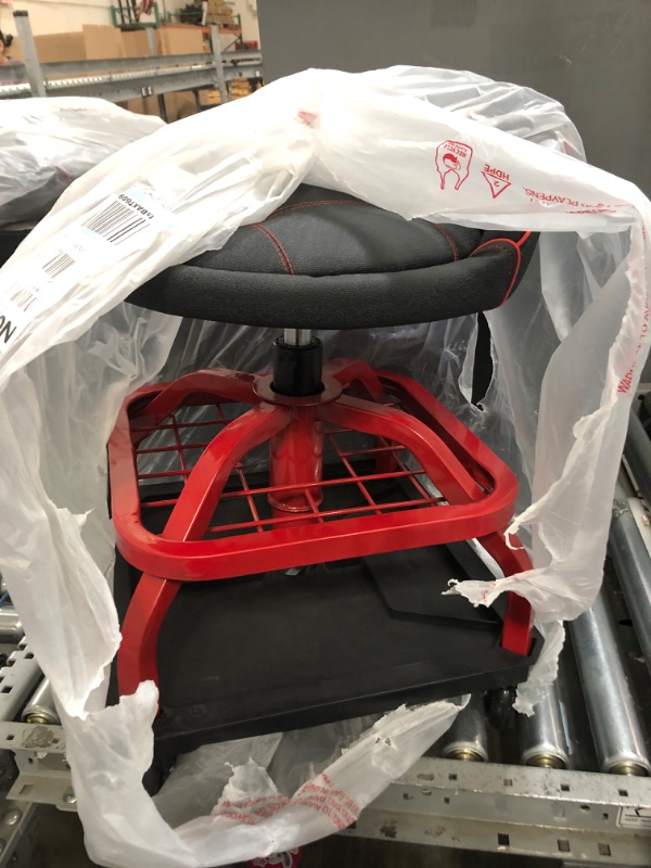 Photo 1 of BROKEN HYDRAULIC PUMP FreekyFit Rolling Shop Stool with Wheels, Garage Work Mechanic Stool with Backrest, Roller Mechanic Chair, Adjustable Height, 360° Swivel, Tool Tray Storage, 330 LBS Capacity, Heavy Duty, Red