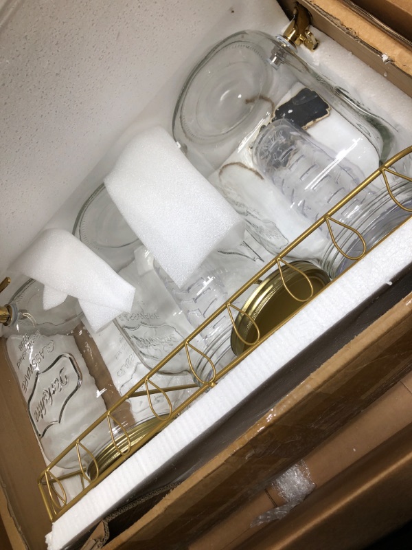 Photo 1 of **MISSING 1 FRUIT INFUSER****  Lallisa 3 Pcs 2 Gallon Glass Drink Dispenser with Stand and Lid Mason Jar Beverage Dispenser with Stainless Steel Spigot, Hanging Chalkboard Signs, Fruit Infuse, Ice Cylinder, Liquid Pen (Gold)