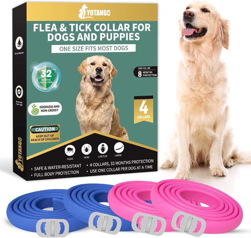 Photo 1 of 4  Pack Flea Collar for Dogs, Dog Flea Collar Waterproof, 32 Months Flea and Tick Prevention for Dogs, Dog Flea and Tick Treatment, Adjustable Flea and Tick Collar for Dogs Puppy(Blue&Pink)
