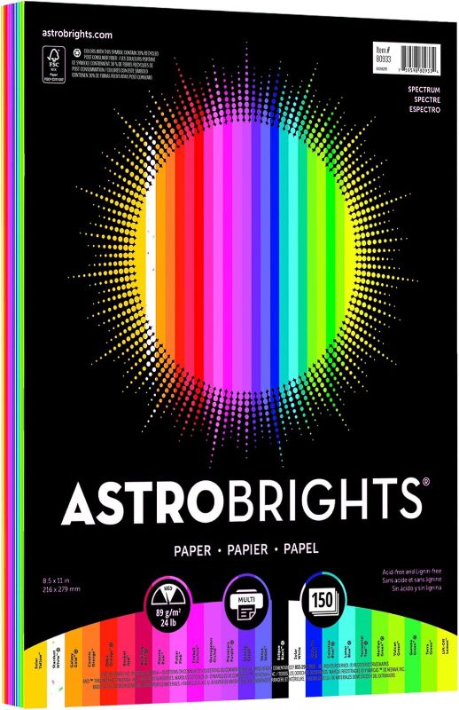 Photo 1 of Astrobrights Color Paper, 8.5” x 11”, 24 lb/89 gsm,"Spectrum" 25-Color Assortment, 150 Sheets (80933-01)