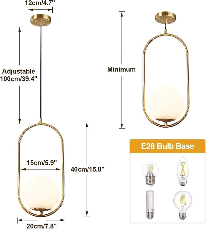 Photo 3 of (READ FULL POST) KCO Modern 1-Light Glass Globe Pendant Light Fixture Gold and White Pendant Hanging Lamp Mid Century Minimalist Brushed Brass Pendant Lighting for Kitchen Island Bathroom (7.9”-Small)