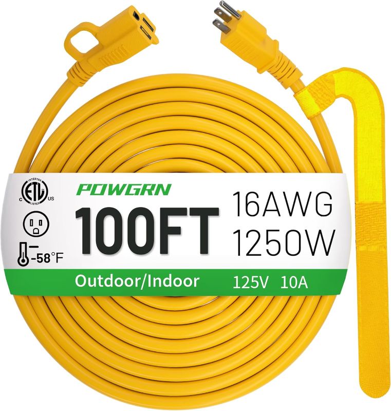 Photo 1 of 100 FT 16/3 Indoor Outdoor Extension Cord Waterproof, 3 Prong Flexblie SJTW Cold Weatherproof -50°C Power Cord 10AMP 1250W 16AWG Heavy Duty Electric Cord Yellow, ETL Listed
