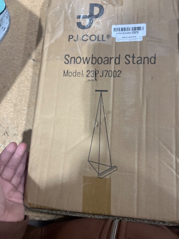 Photo 1 of [PJ Collection] Metal and Wood Snowboard Stand, Snowboard Showcase for Home and Businesses, Freestanding Vertical Stand, Snowboard Storage and Display, Display Stand, Indoor Display Storage Rack