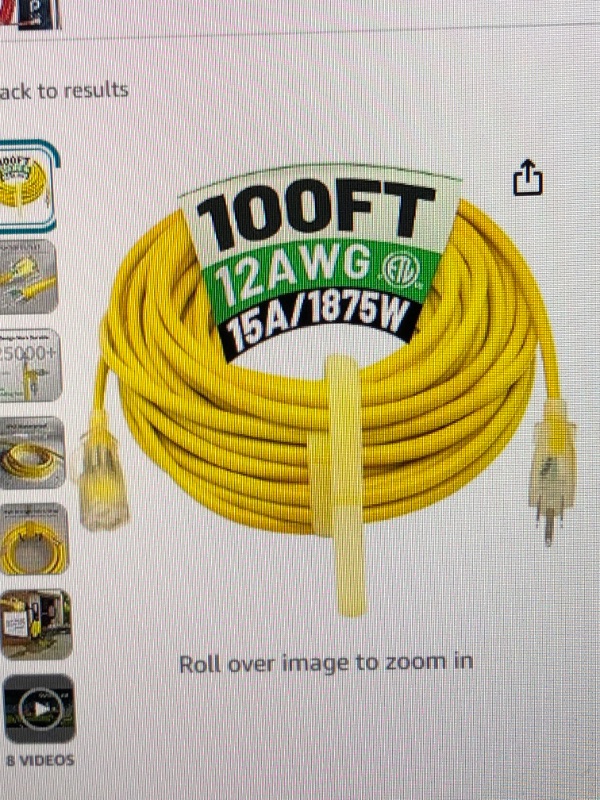 Photo 1 of 100 ft 12/3 Outdoor Extension Cord Waterproof Heavy Duty with Lighted Indicator End 12 Gauge 3 Prong, Flexible Cold-Resistant Long Power Cord Outside, 15Amp 1875W SJTW Yellow ETL Listed