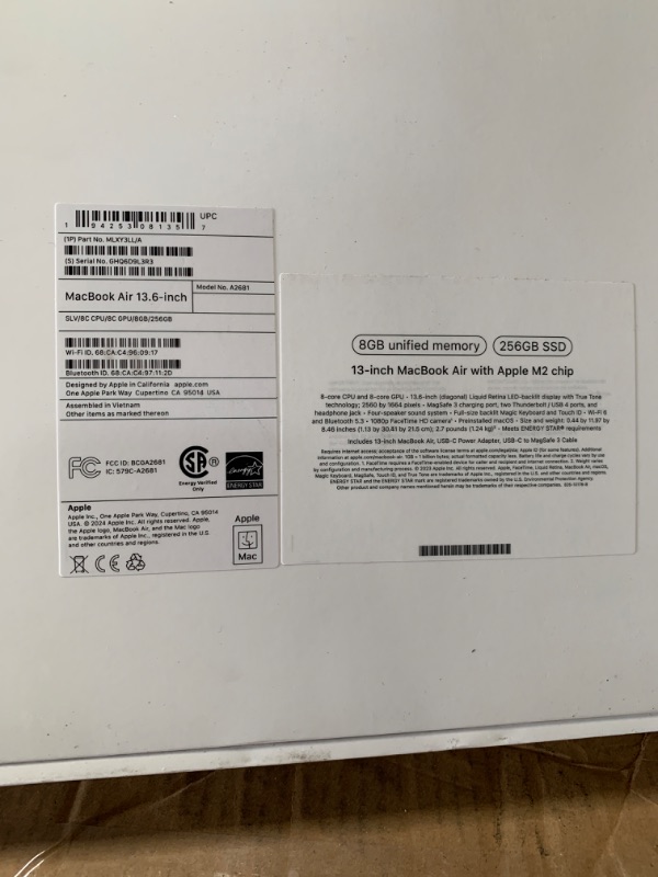 Photo 5 of **SEE NOTES**Apple 2022 MacBook Air Laptop with M2 chip: Built for Apple Intelligence, 13.6-inch Liquid Retina Display, 8GB RAM, 256GB SSD Storage, Backlit Keyboard, 1080p FaceTime HD Camera; Silver
