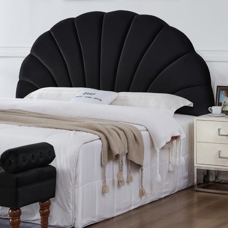 Photo 1 of 24KF Stunning Crown Design King Headboard, Upholstered Soft Velvet Petal Pattern Headboard FULL-Black
