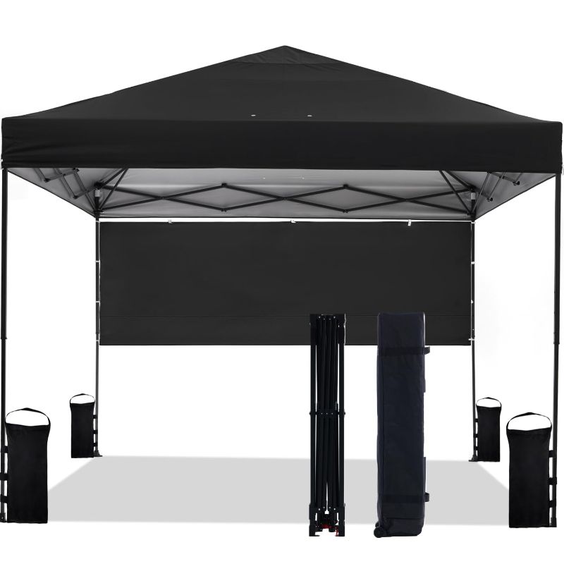 Photo 1 of 10'x10' Pop Up Canopy Tent with Half Sidewall, 1-Person Easy Setup, Instant Shade Canopy with Sliver Coated for Parties Beach Outdoor, Wheeled Carrying Bag, Stakes, 4 Ropes, 4 Sandbags (Black)