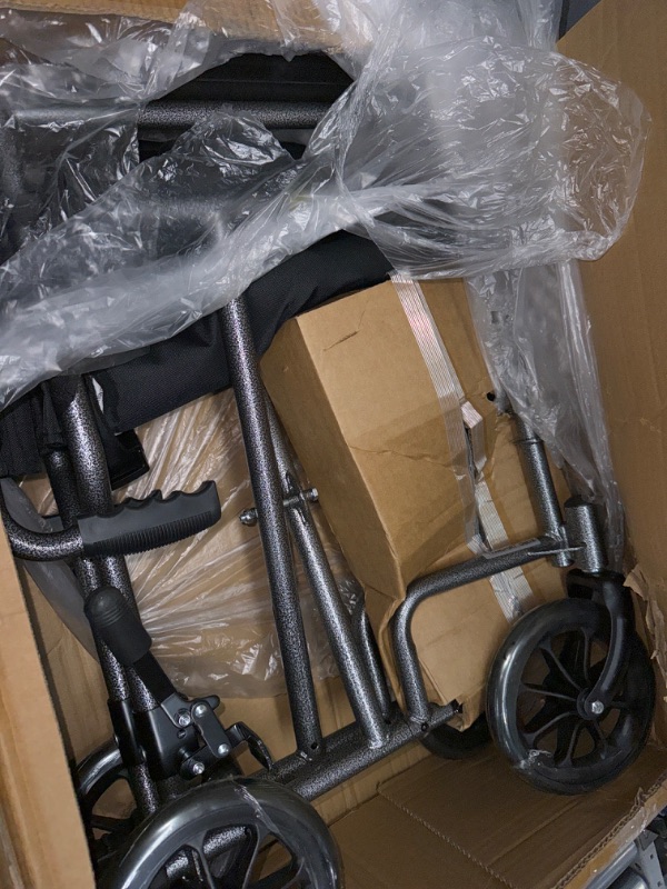 Photo 2 of 17" Transport Wheelchairs for Adults, Foldable and Lightweight - Silver Steel Frame Transfer Wheel Chair for Seniors - Nylon Seat, Padded Armrests, and Swing Away Footrests