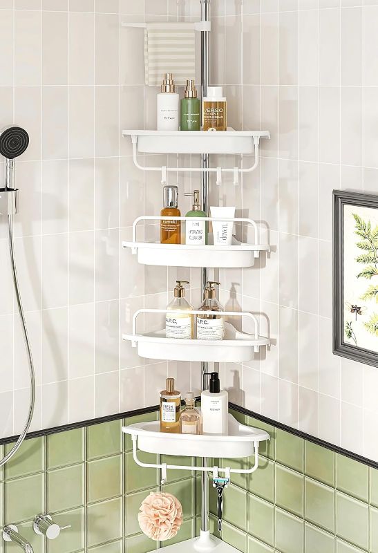 Photo 1 of ALLZONE Rustproof Shower Caddy Corner for Bathroom, Tension Corner Shower Caddy Tension Pole, Solid Shower Organizer with 4 Adjustable Shower Shelves, Shower Rack Fit Heights 39.2 to 113 Inches,White
