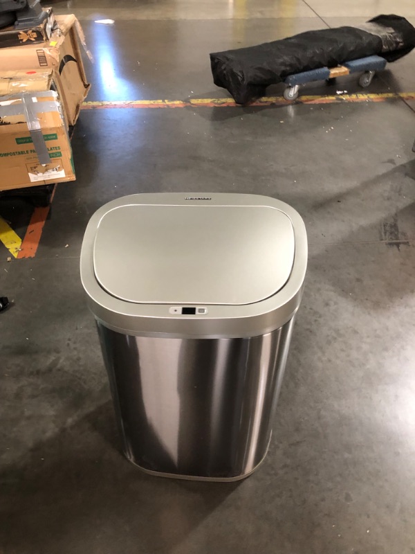 Photo 2 of ***USED - DENTED - MOTION SENSING FUNCTION DOESN'T WORK***
NINESTARS DZT-80-35 Automatic Touchless Infrared Motion Sensor Trash Can, 21 Gal 80L, Heavy Duty Stainless Steel Base (Oval, Silver/Brush Lid) Trashcan, SS