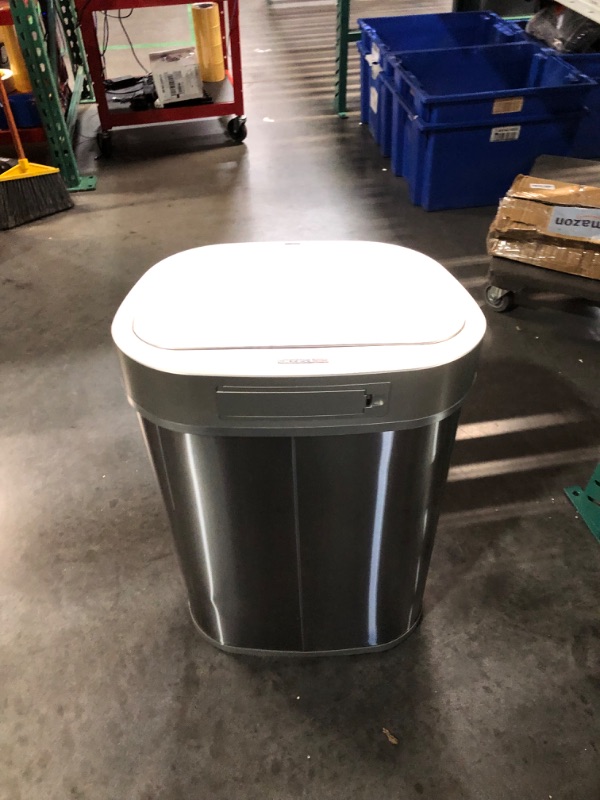 Photo 4 of ***USED - DENTED - MOTION SENSING FUNCTION DOESN'T WORK***
NINESTARS DZT-80-35 Automatic Touchless Infrared Motion Sensor Trash Can, 21 Gal 80L, Heavy Duty Stainless Steel Base (Oval, Silver/Brush Lid) Trashcan, SS