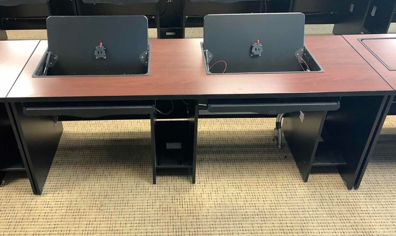 Photo 1 of CBT SMARTDESKS DOUBLE DESK WORKSTATION  WITH FLIPIT MONITOR STAND AND KEYBOARD TRAY METAL AND PARTICLE BOARD 78” X 26” H 30”